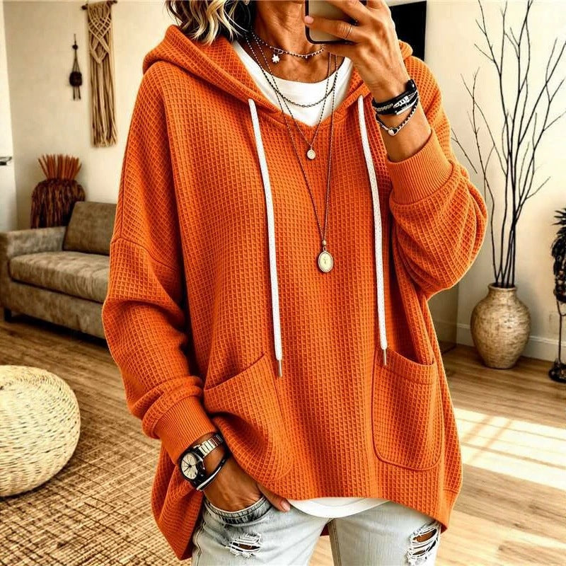 2026 European And American Women's Clothing Amazon Independent Station Waffe Loose Long Sleeve Hoodie Casual Hooded