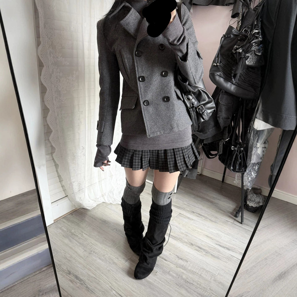 Womens Short Wool Coat Notched Lapel Double-breasted Jacket