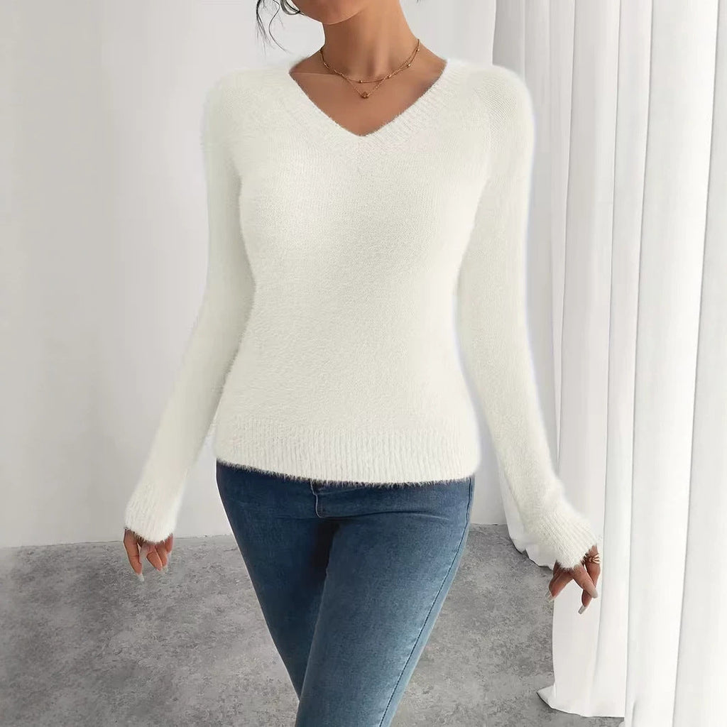 V-neck Solid-color Knitted Warm Plush Sweater