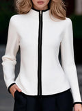 Womens Short Knitted Cardigan With Half-High Collar Contrast-Color Zipper