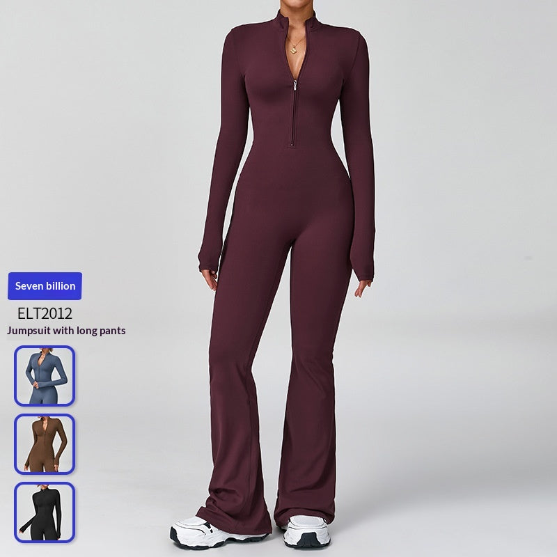Cross-Border Zippered Cloud-Like Long-Sleeved Yoga Jumpsuit High-Intensity Fitness All-In-One Bodysuit 2012