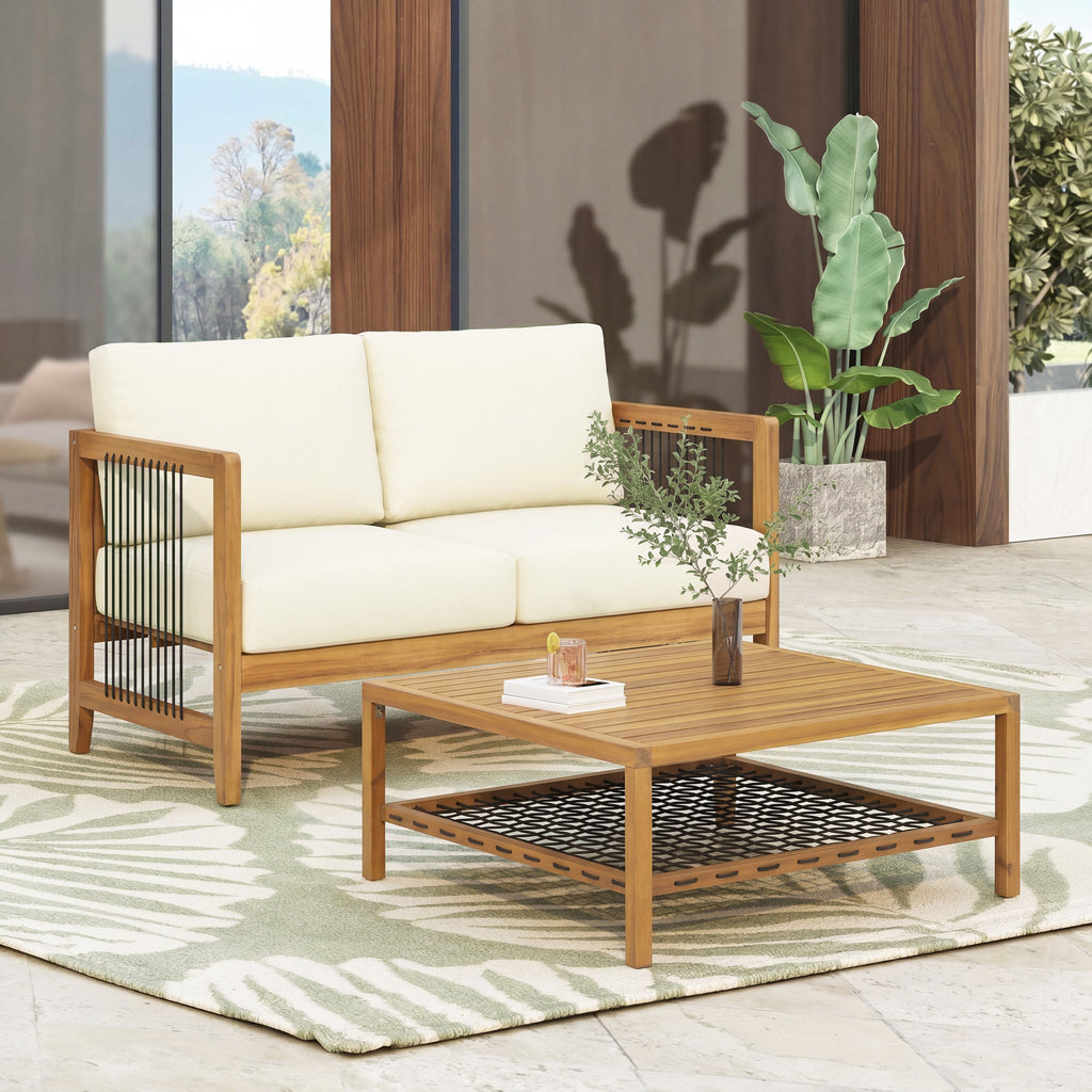 2-Piece Acacia Wood Outdoor Loveseat with Coffee Table