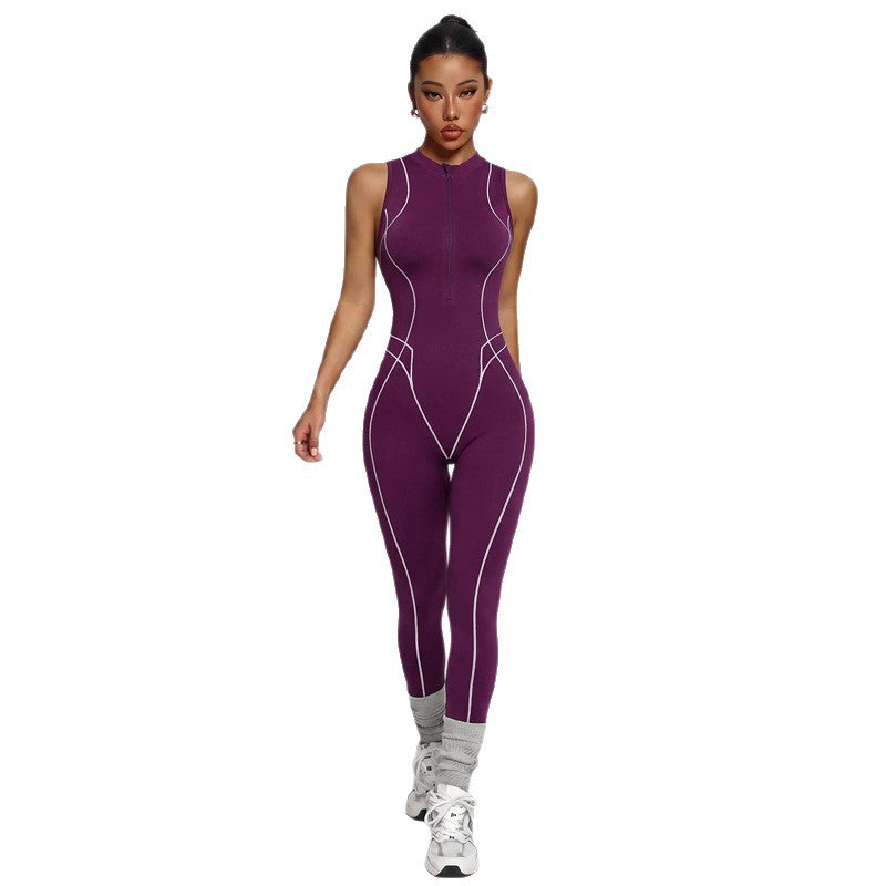 European And American Cross-border Women's One-piece Yoga Outfit With Contrasting Colors, Zipper, Hollowed-out Peach Butt Design, Long Pants, Integrated Fitness Jumpsuit