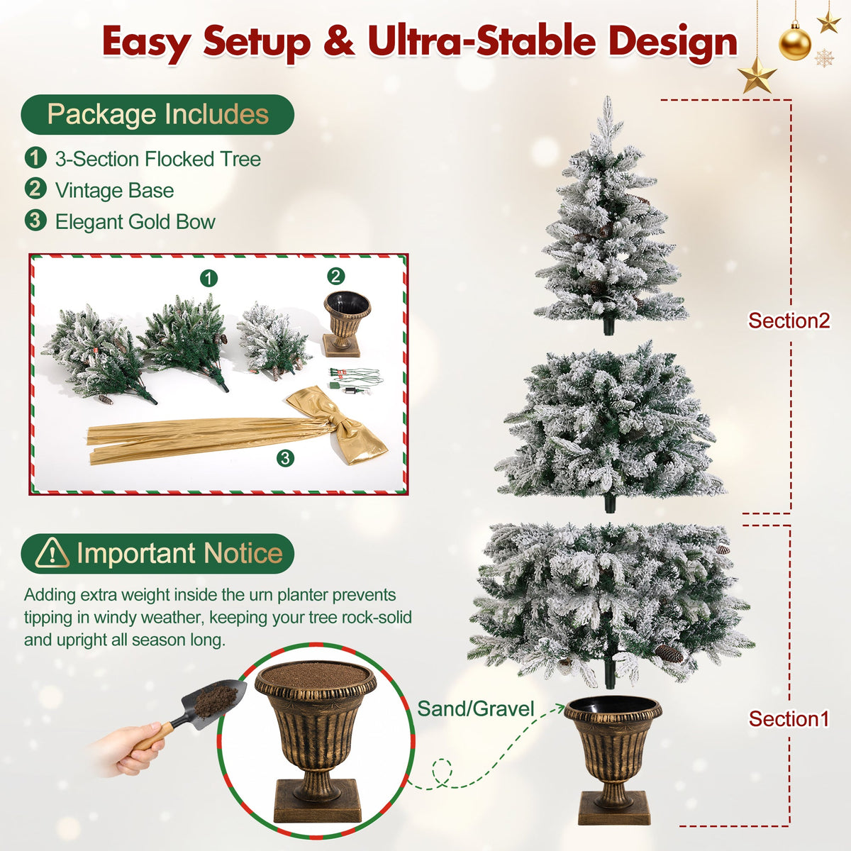 6FT Pre-Lit Flocked Christmas Tree with 42 Real Pine Cones