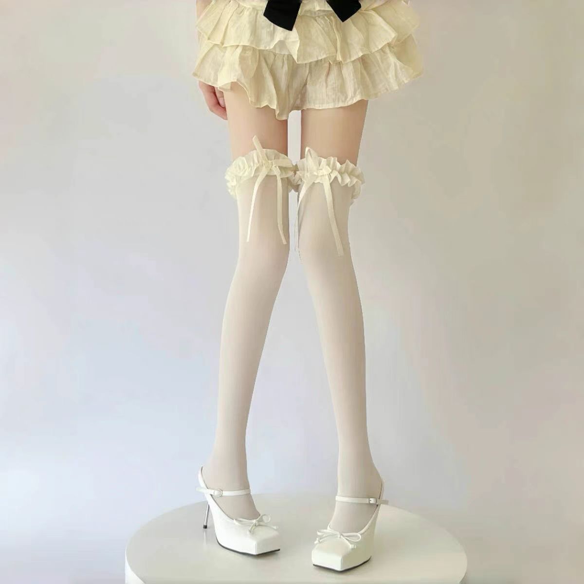 Lolita Lace-up Stockings For Women, Summer Thin Velvet Thigh Socks, Japanese Style Sweet Bowknot Jk Socks