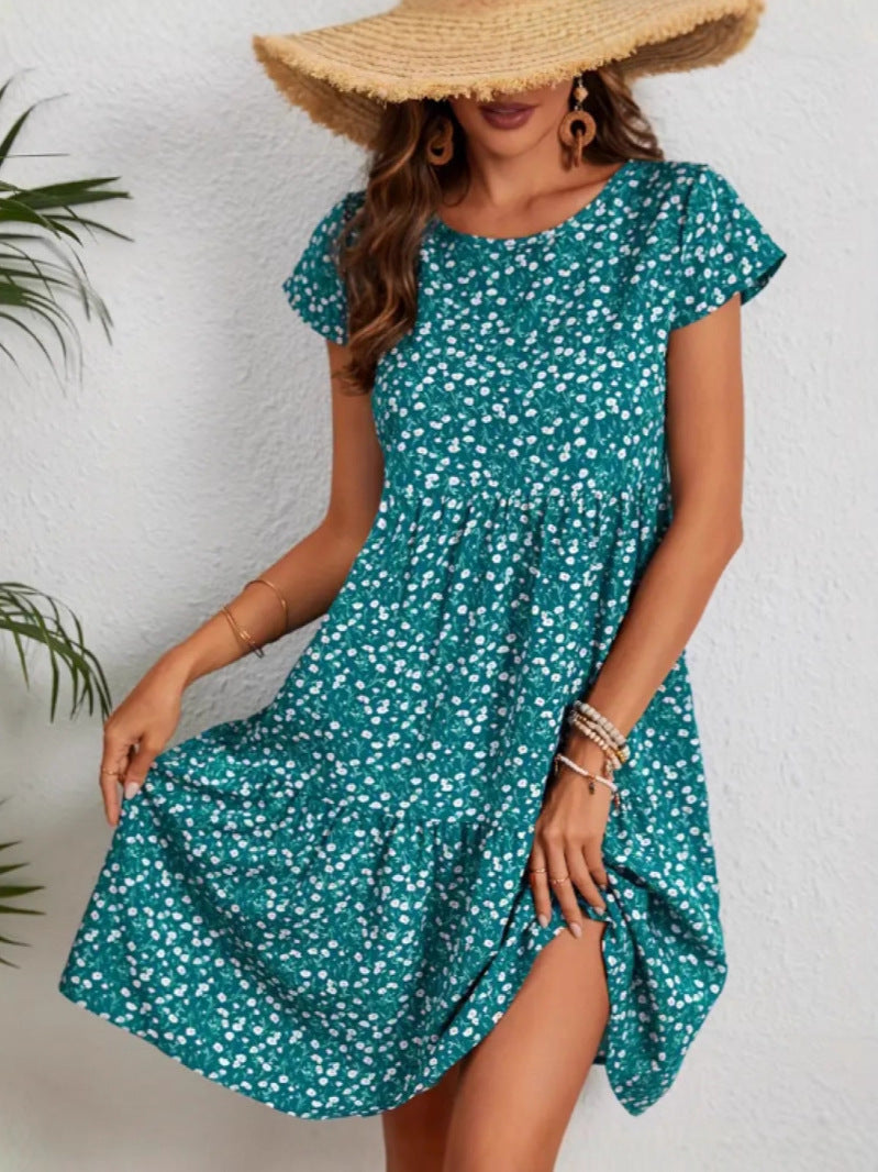 All Over Print Crew Neck Short Sleeve Casual Women's Dress