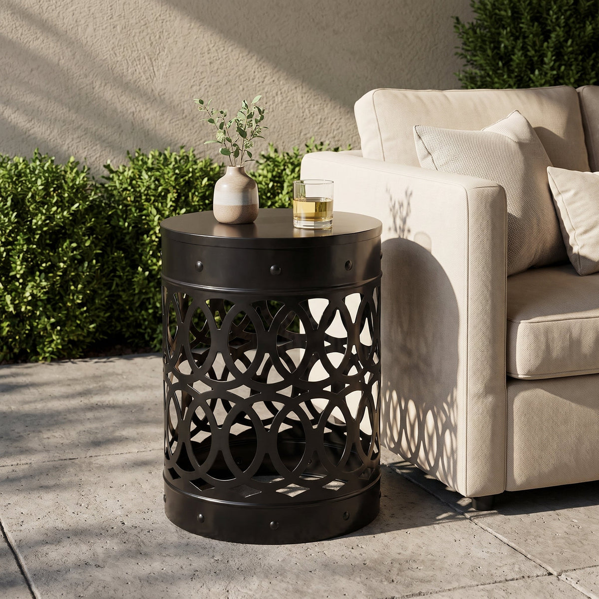 Modern Outdoor Metal End Table with Iron Cut Design