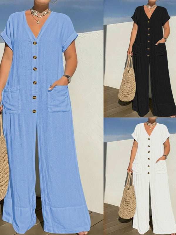Men's Spring And Summer Overalls With Batwing Sleeves, Wide-leg Overalls, Casual Loose V-neck Buttoned Jumpsuit