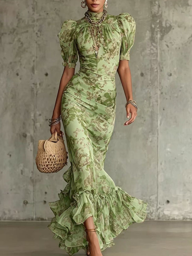 French-style Vintage Chiffon Dress, Summer High-neck Puff Sleeve, Waist-cinching, Slimming, Fishtail, Elegant, Ladylike, Vacation Long Dress