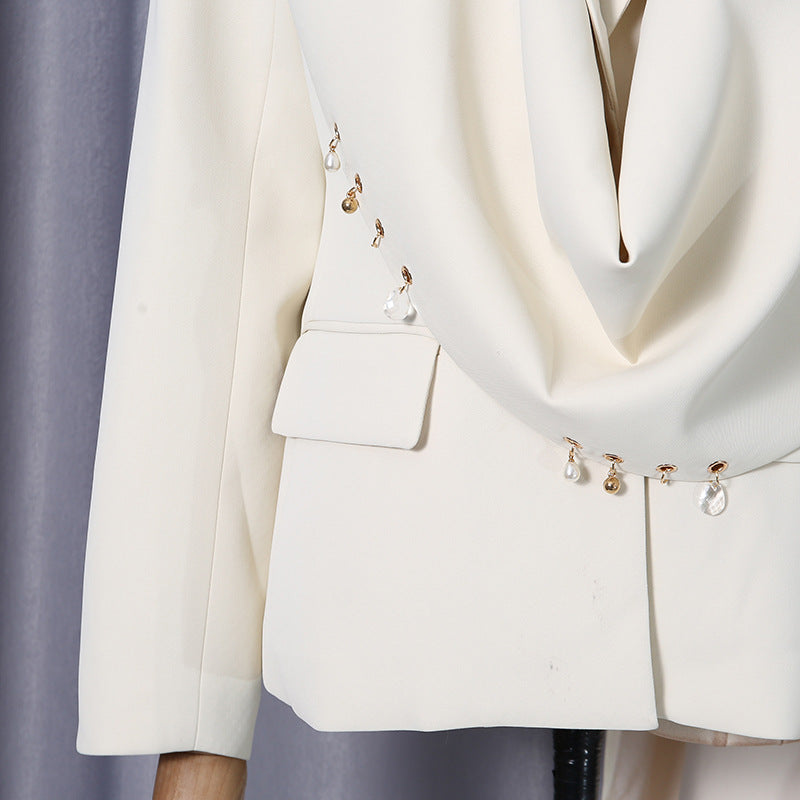 Waterfall Draped Pearl Crystal Bead Trim Asymmetrical Tailored Blazer