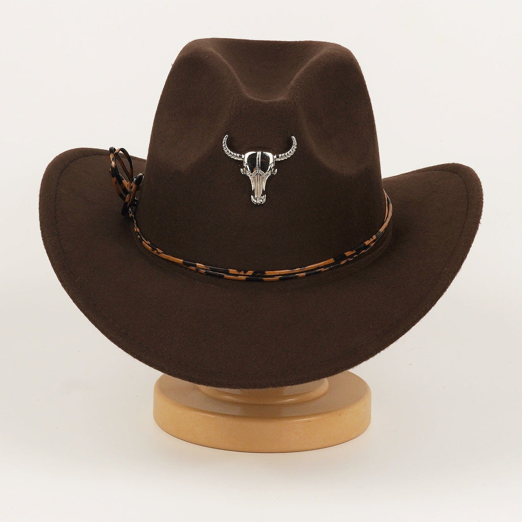 Western Cowboy Hat For Men And Women Metal Bull-Head Wool Cavalry Cap Top Hat