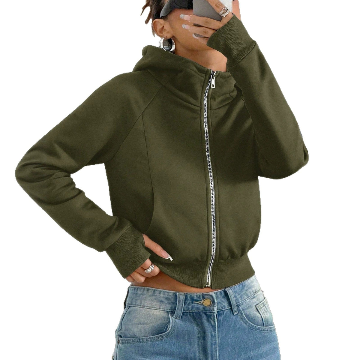 Solid-color Cropped Hooded Sweatshirt For Women