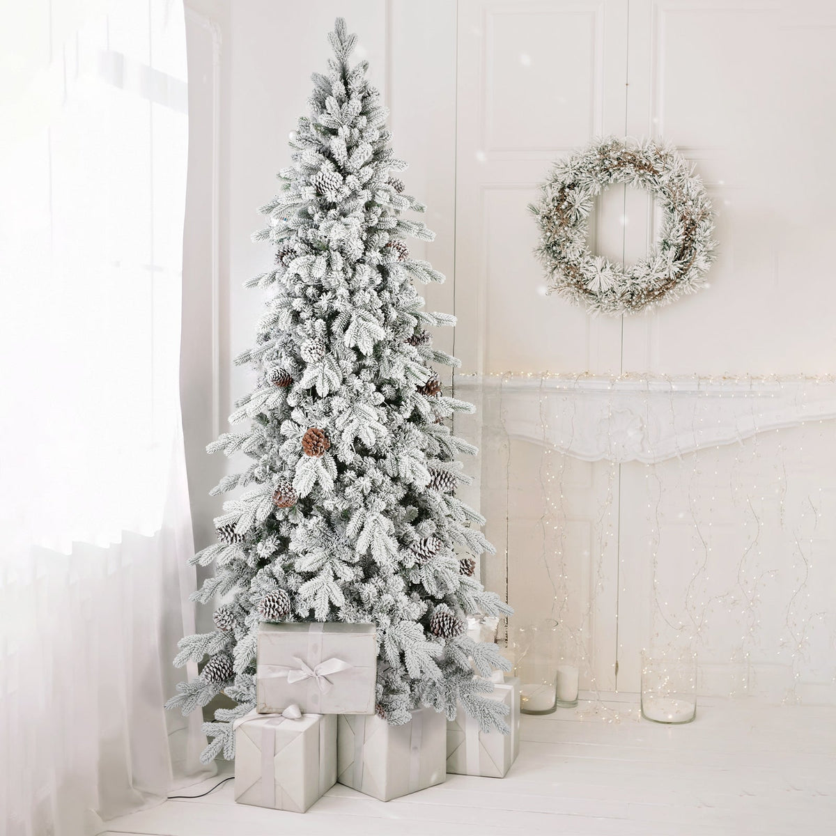 7.5 FT Flocked Christmas Tree with 40 Natural Pine Cones
