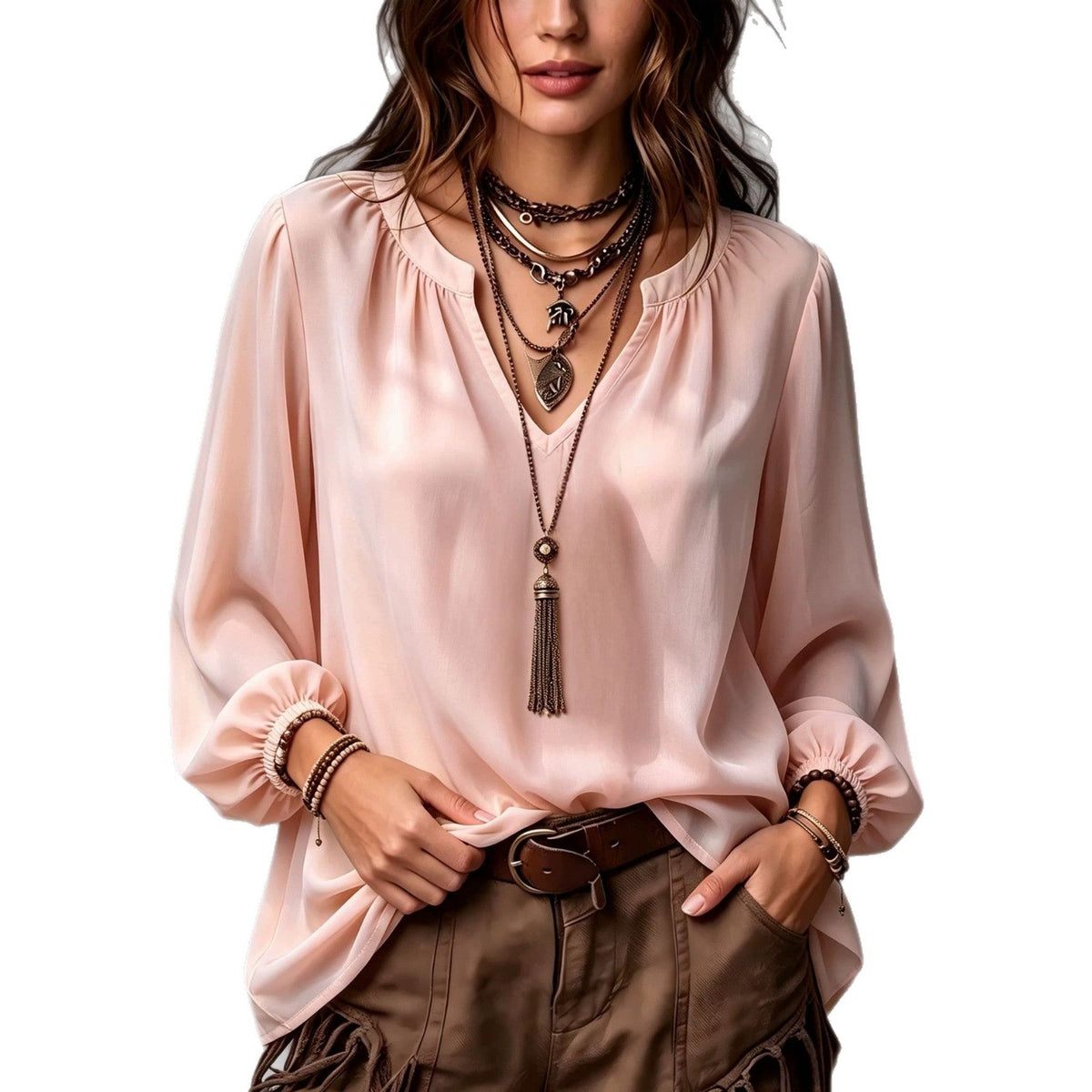 Elegant V-neck Shirt With Puff Sleeves For Women