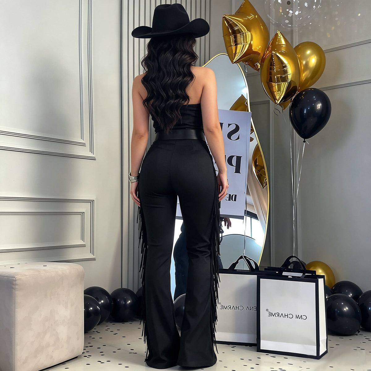 C7831 Cross Border 2026 New Women Sexy Western-style Halterneck Fringe Wide-leg Pants Slim-fit Party Jumpsuit