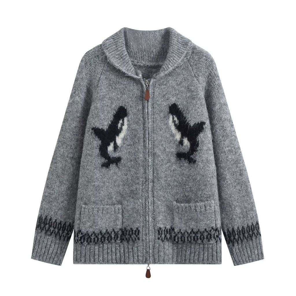 Fashionable Two-Way Zipper Shark Jacquard Embroidered Knit Cardigan