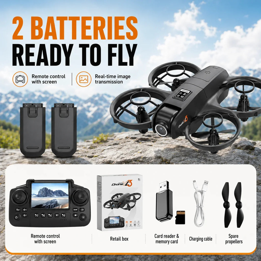ZNLYRION  Mini Full Protective Drone YL3PK With 2.4 Inch Screen Remote Dual Camera Optical Flow Hover 2 Batteries Indoor RC Quadcopter