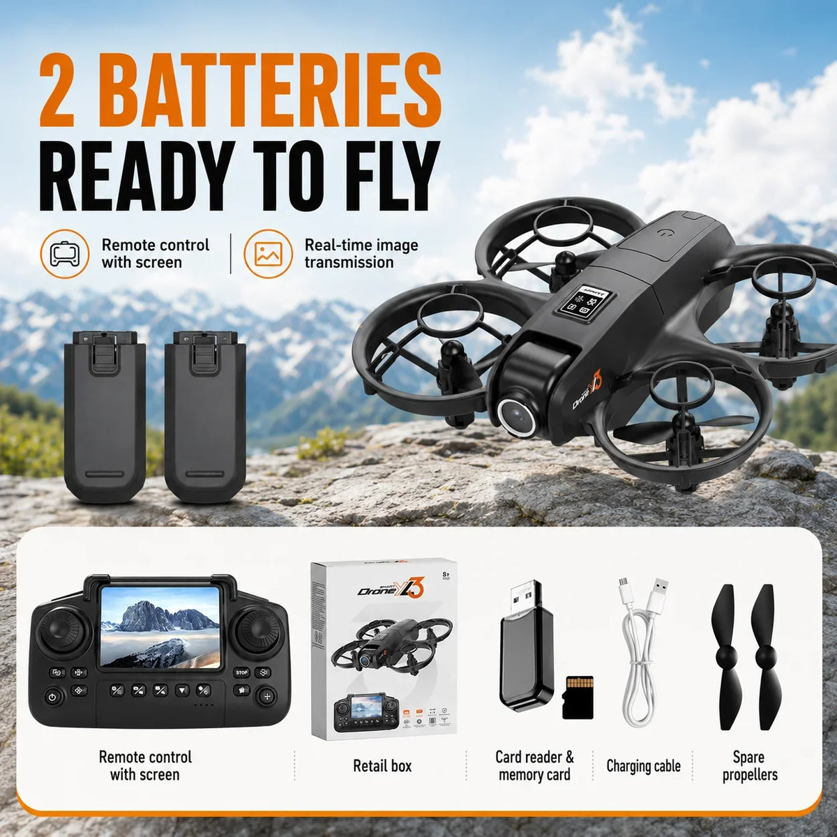 ZNLYRION  Mini Full Protective Drone YL3PK With 2.4 Inch Screen Remote Dual Camera Optical Flow Hover 2 Batteries Indoor RC Quadcopter