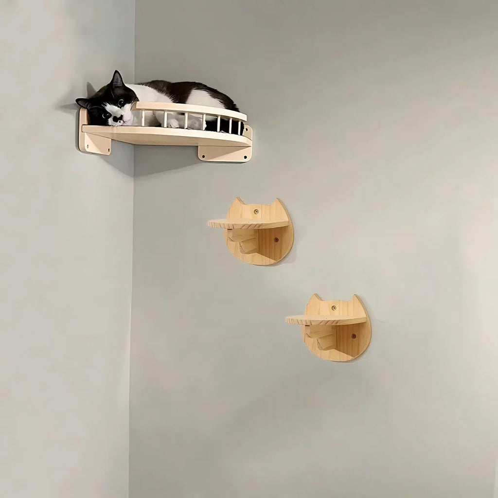 CWV Wall-Mounted Solid Pine Wood Cat Shelf Set - Corner Bed + Steps, 0.6" Thick Board, Ring Fence, 22lb Rated, Drywall Compatible