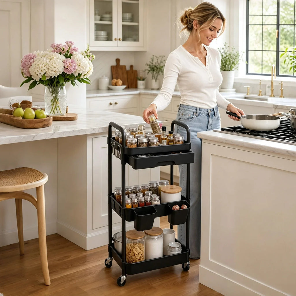 3-Tier Rolling Storage Cart With Pull-out Drawer Lockable Wheels Detachable Hanging Cups Multifunctional Mobile Organizer Trolley for Kitchen Bathroom Living Room