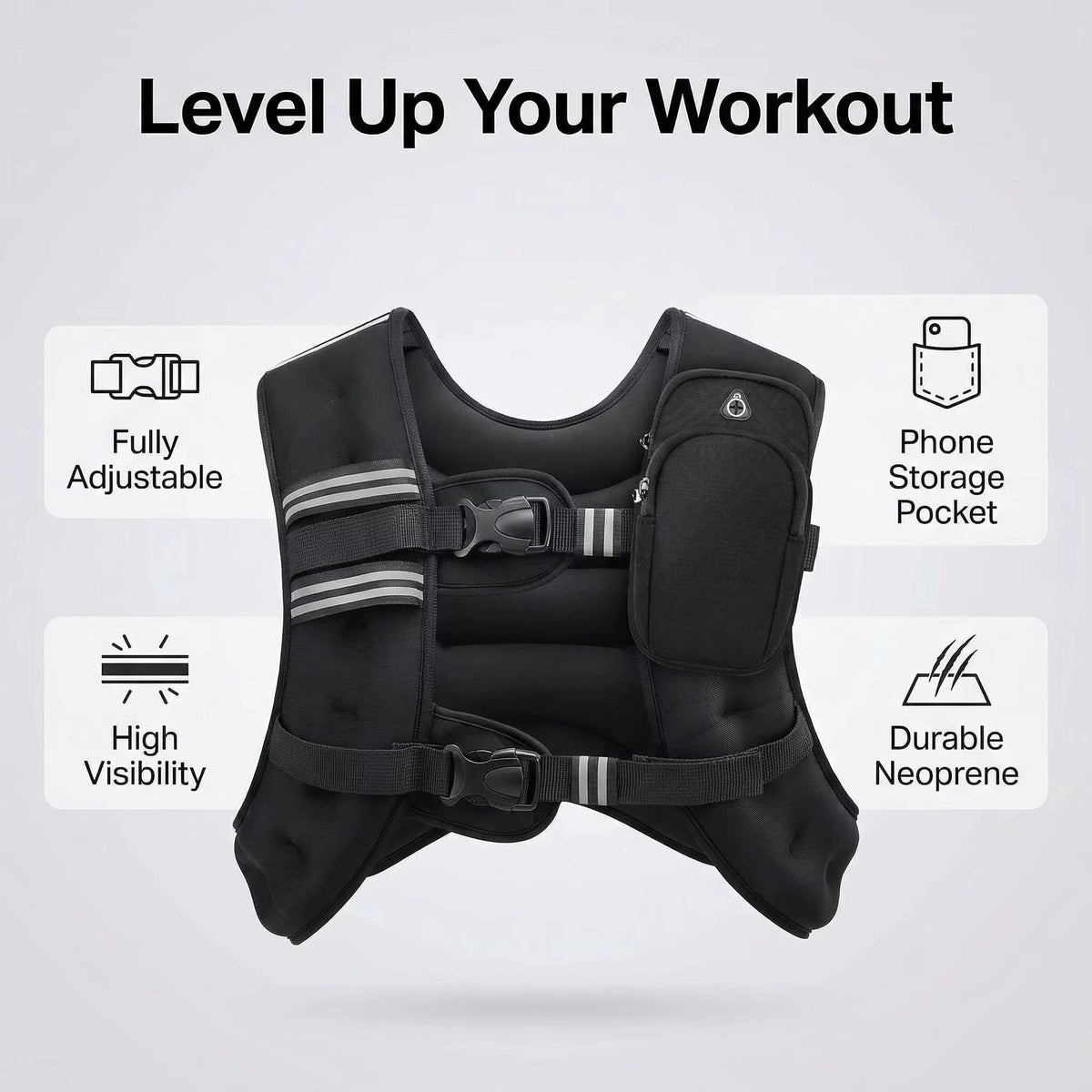 12lb Adjustable Weighted Vest - Oxford & Neoprene, Reflective Stripe, Unisex Fitness Training Vest