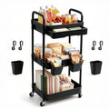 3-Tier Rolling Storage Cart With Pull-out Drawer Lockable Wheels Detachable Hanging Cups Multifunctional Mobile Organizer Trolley for Kitchen Bathroom Living Room