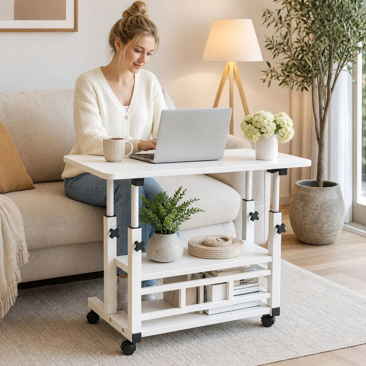 Adjustable Height Side Table with Wheels 3-Tier Storage Rolling Laptop Cart Sofa Bedside Mobile End Table for Home Office
