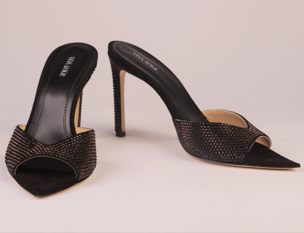 NOIR ALLURE MULE – Black Suede Mule with Italian Rhinestones