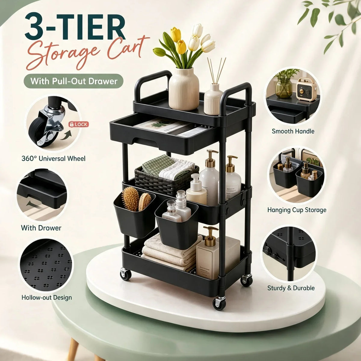 3-Tier Rolling Storage Cart With Pull-out Drawer Lockable Wheels Detachable Hanging Cups Multifunctional Mobile Organizer Trolley for Kitchen Bathroom Living Room
