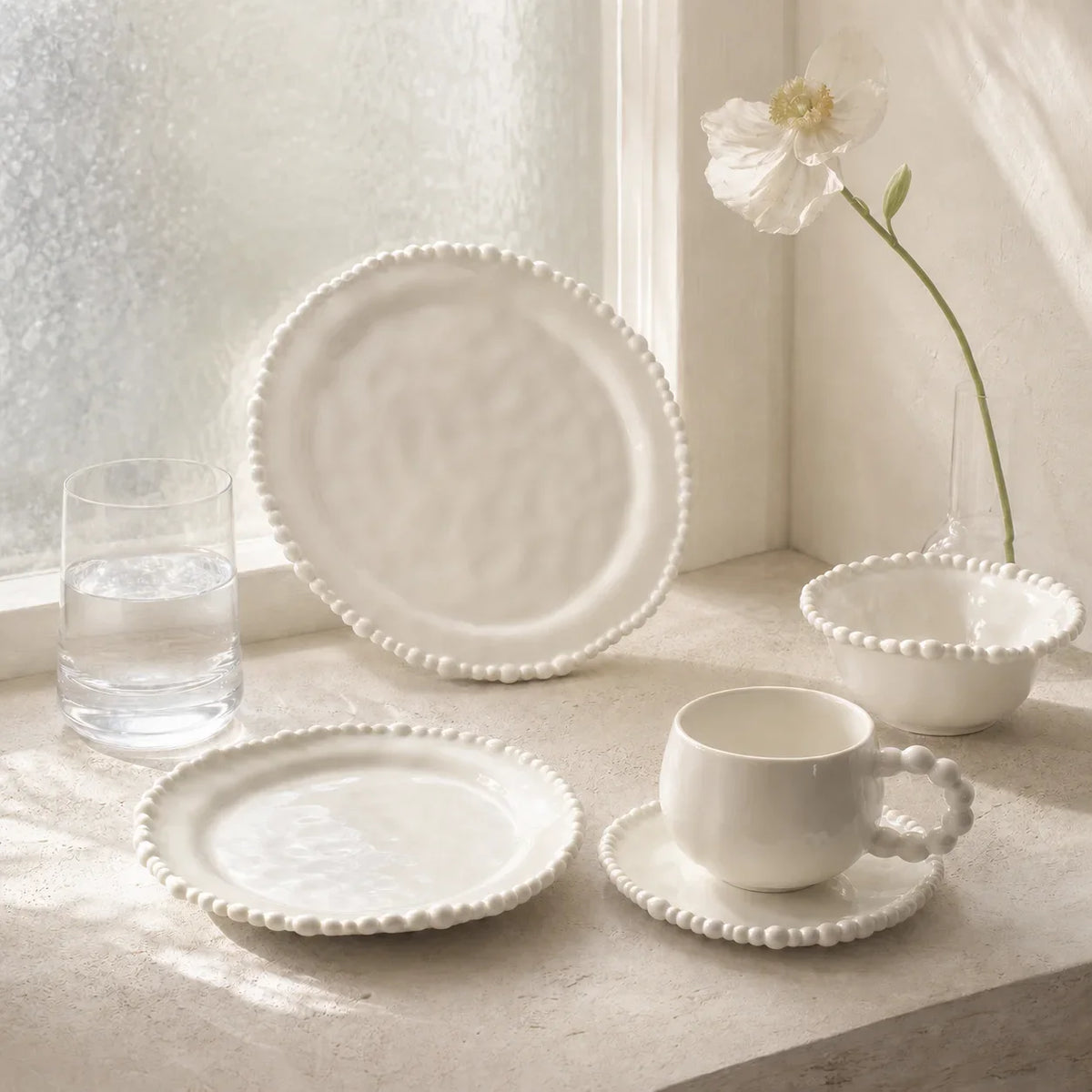 Color Value White French Pearl Edge Ceramic Dinnerware Set Elegant Steak Plate Bowl for Home Kitchen Dining