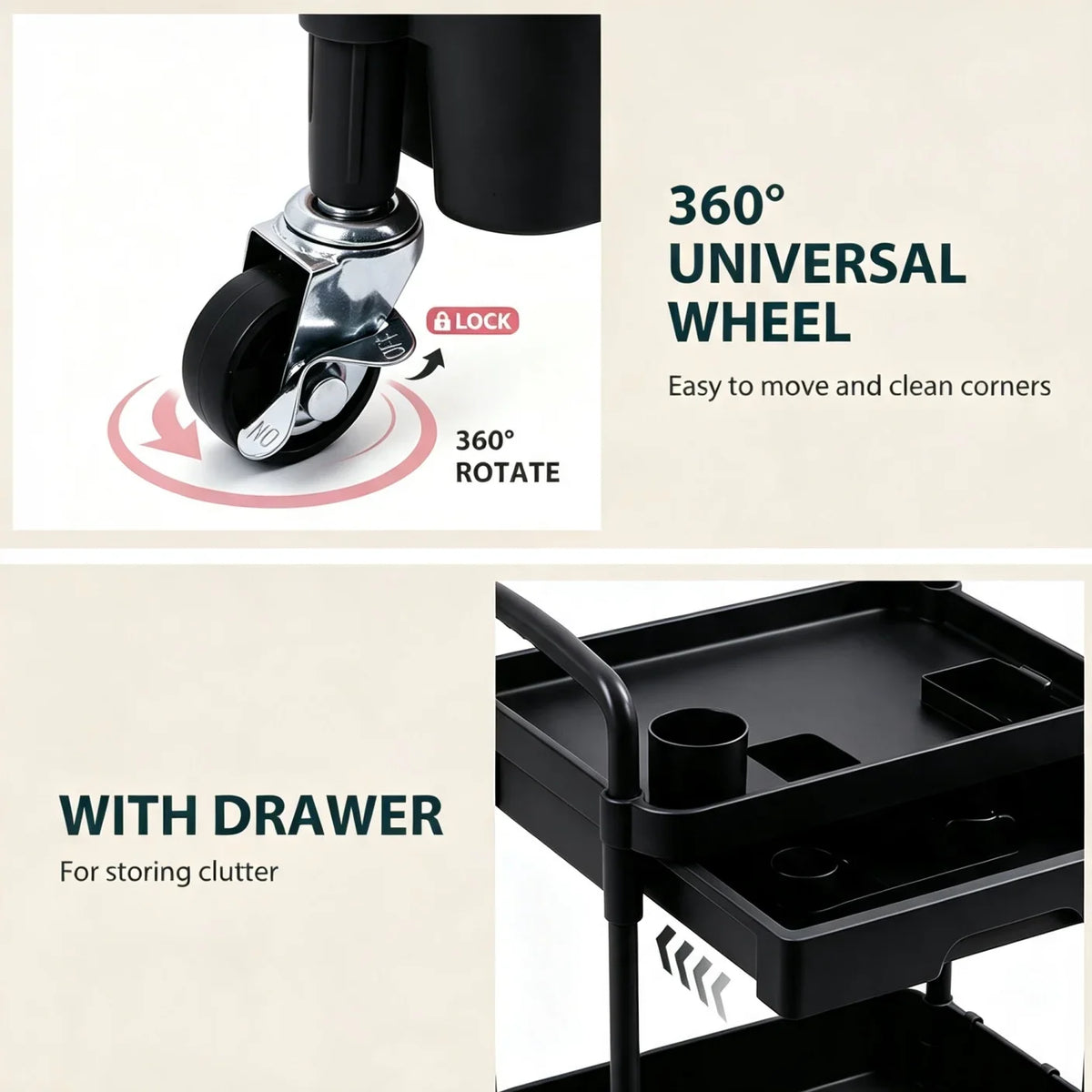 3-Tier Rolling Storage Cart With Pull-out Drawer Lockable Wheels Detachable Hanging Cups Multifunctional Mobile Organizer Trolley for Kitchen Bathroom Living Room