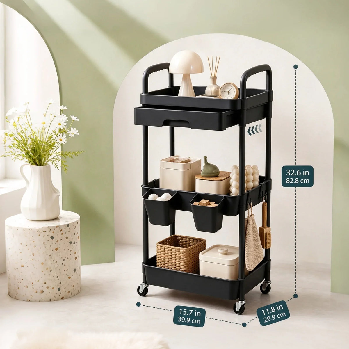 3-Tier Rolling Storage Cart With Pull-out Drawer Lockable Wheels Detachable Hanging Cups Multifunctional Mobile Organizer Trolley for Kitchen Bathroom Living Room