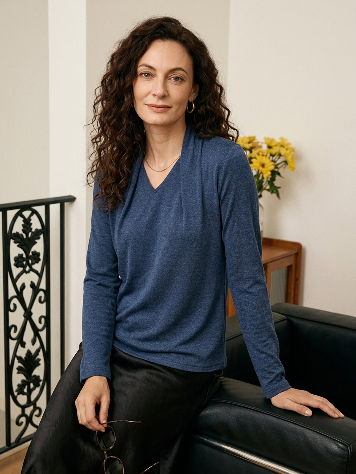 Wool Draped Shawl Collar Long Sleeve Top MARISTELLA