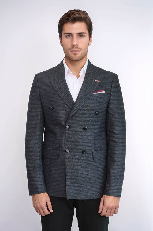 Double Breasted Slim Fit Navy Blue Blazer - Wessi
