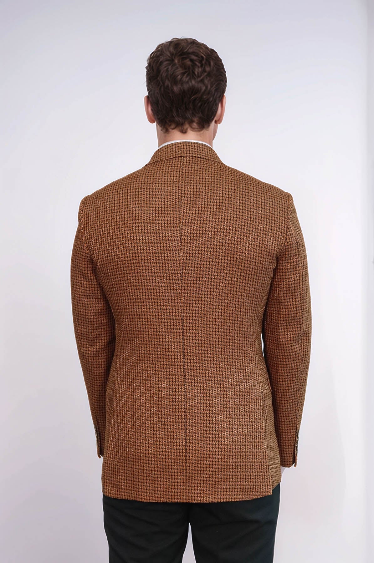 Houndstooth Patterned Tawny Men Double Breasted Blazer - Wessi