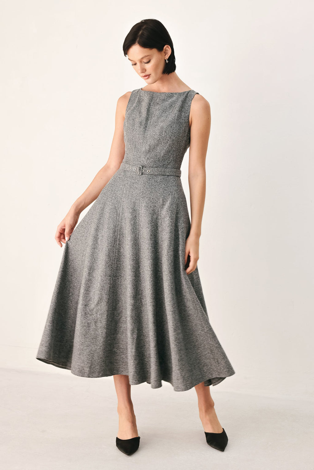 SILVER LINING BELTED A-LINE MIDI DRESS