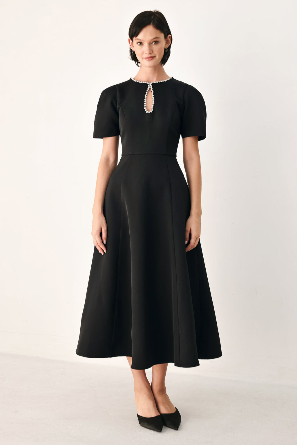 AFTER DARK ELEGANCE JEWELED MIDI DRESS