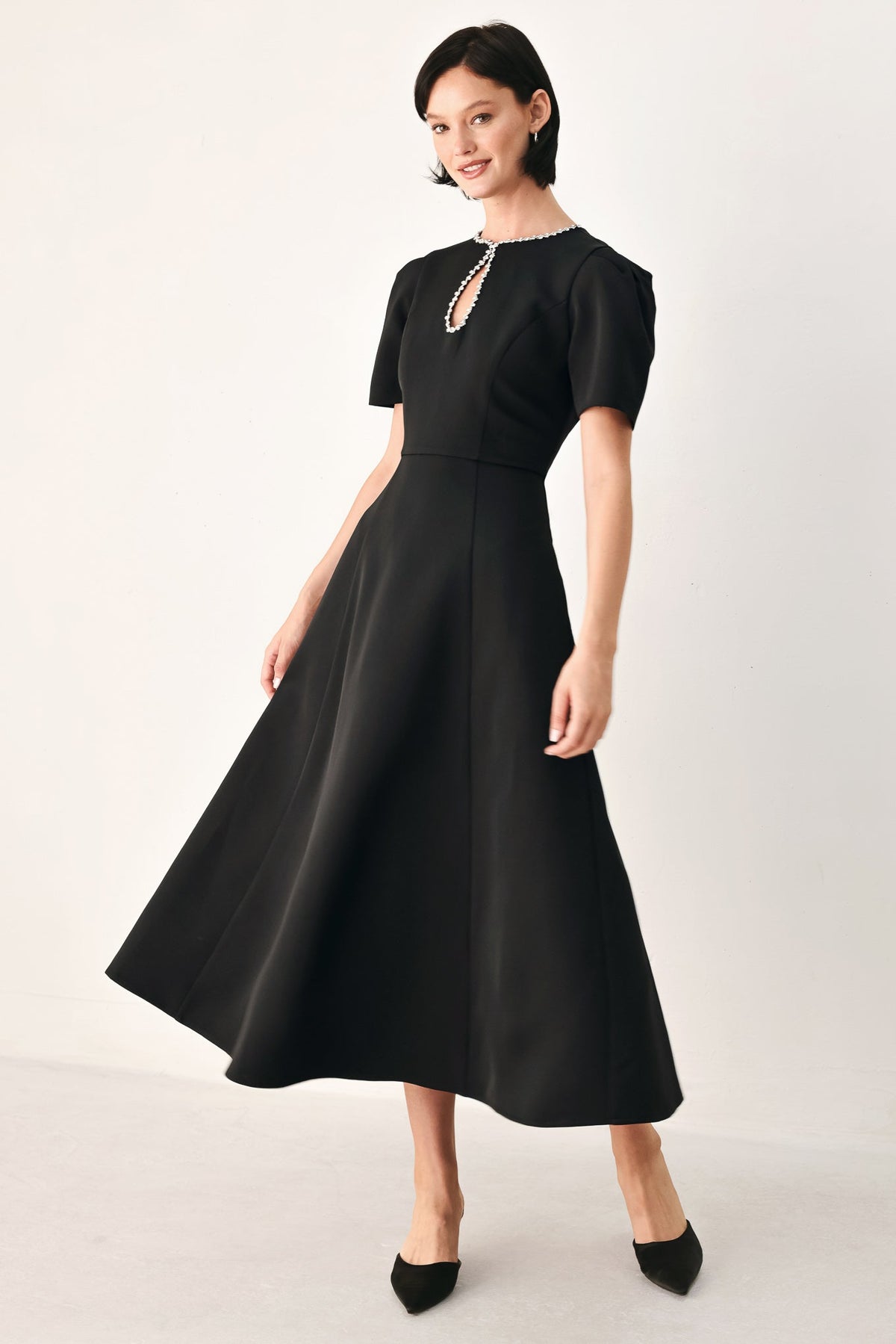 AFTER DARK ELEGANCE JEWELED MIDI DRESS