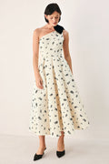 PERFECTLY POISED ONE SHOULDER BOW MIDI DRESS