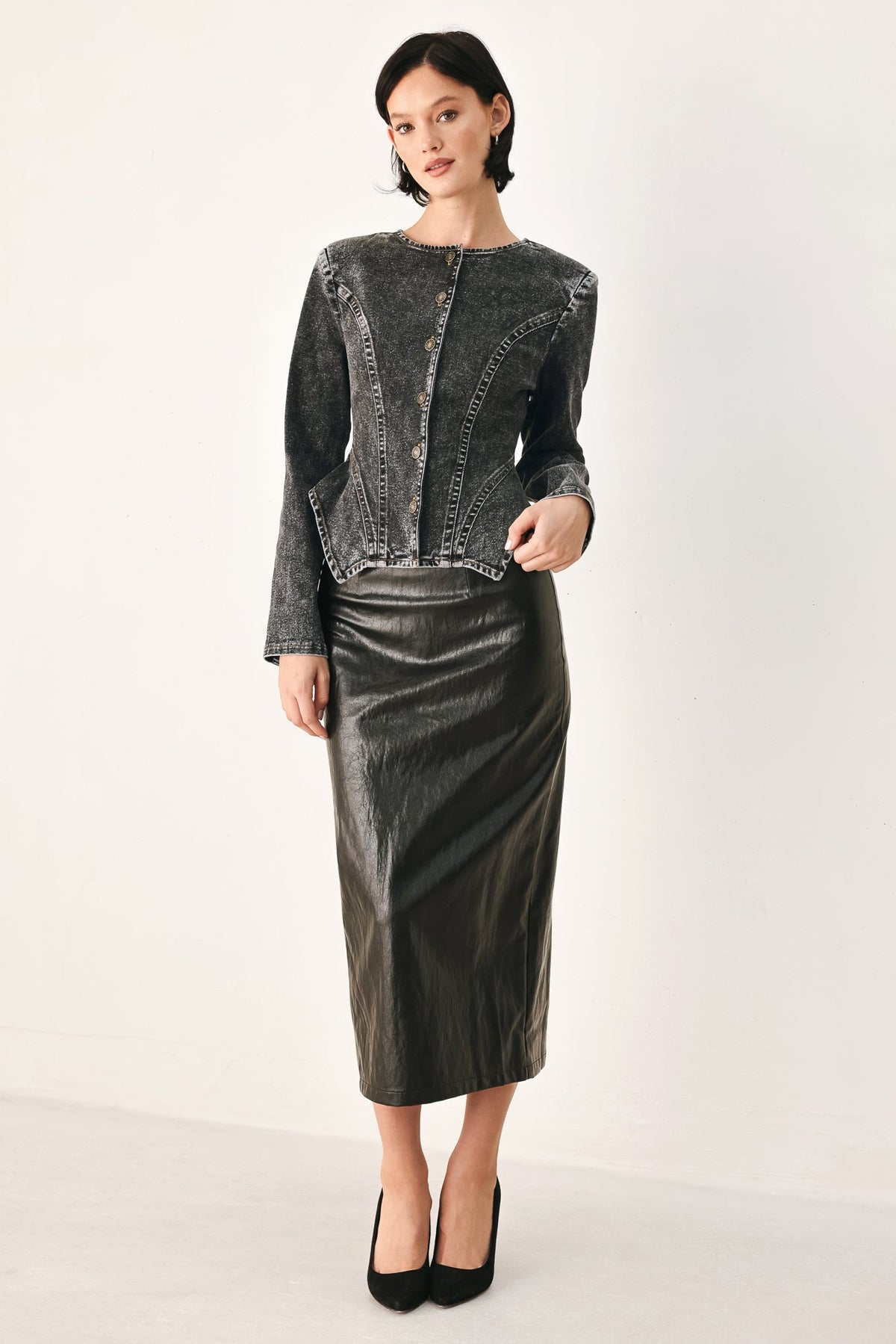 DOWNTOWN EDGE ACID WASH PEPLUM JACKET