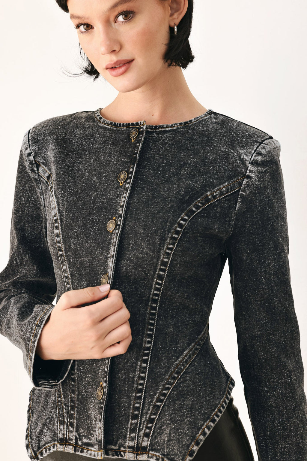 DOWNTOWN EDGE ACID WASH PEPLUM JACKET