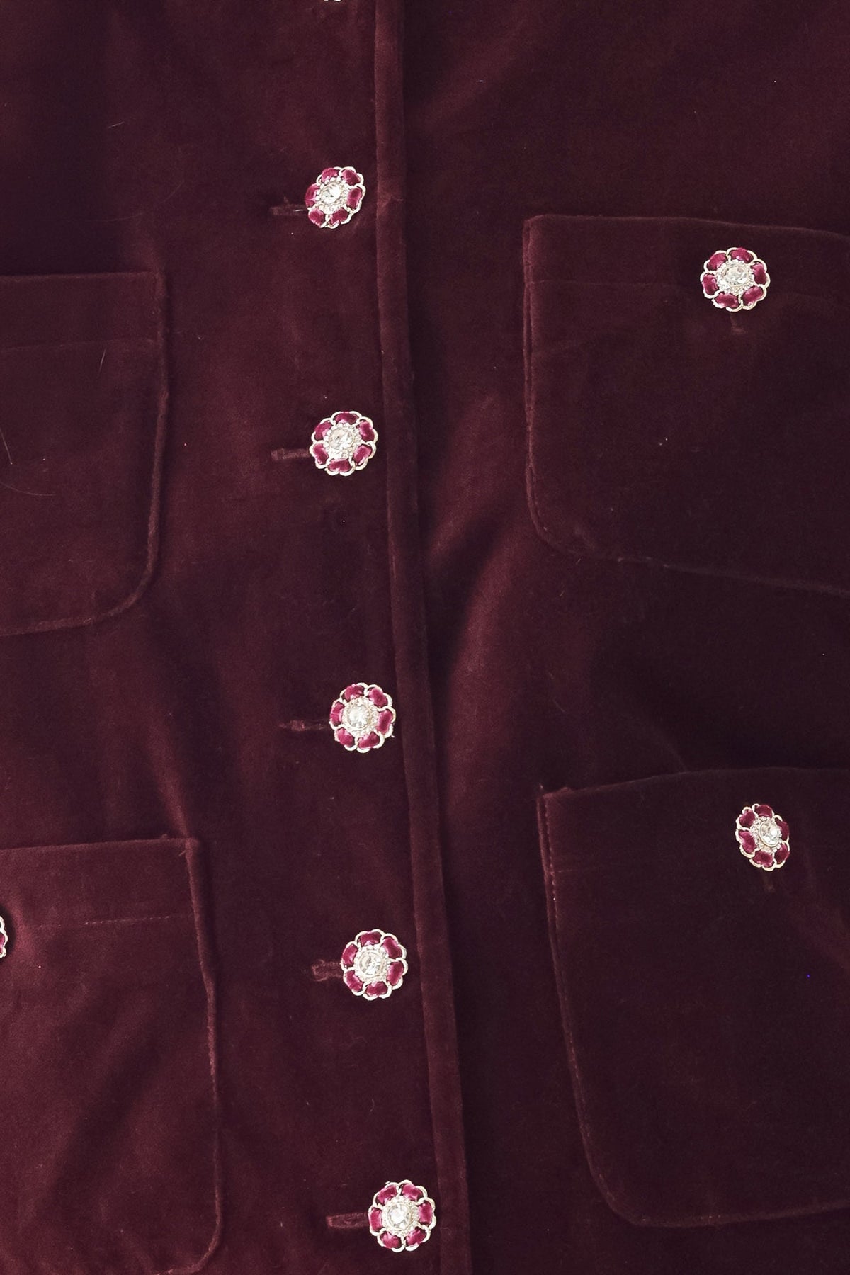 BORDEAUX VELVET BURGUNDY JEWEL-BUTTON CROPPED JACKET