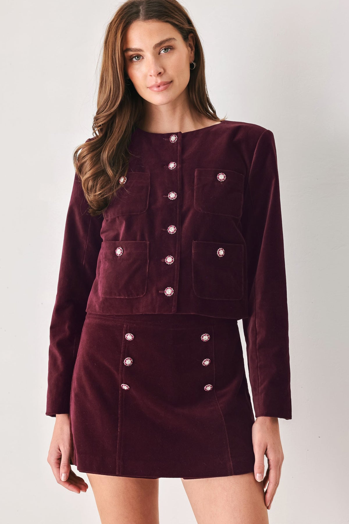 BORDEAUX VELVET BURGUNDY BUTTON-DETAIL SKORT
