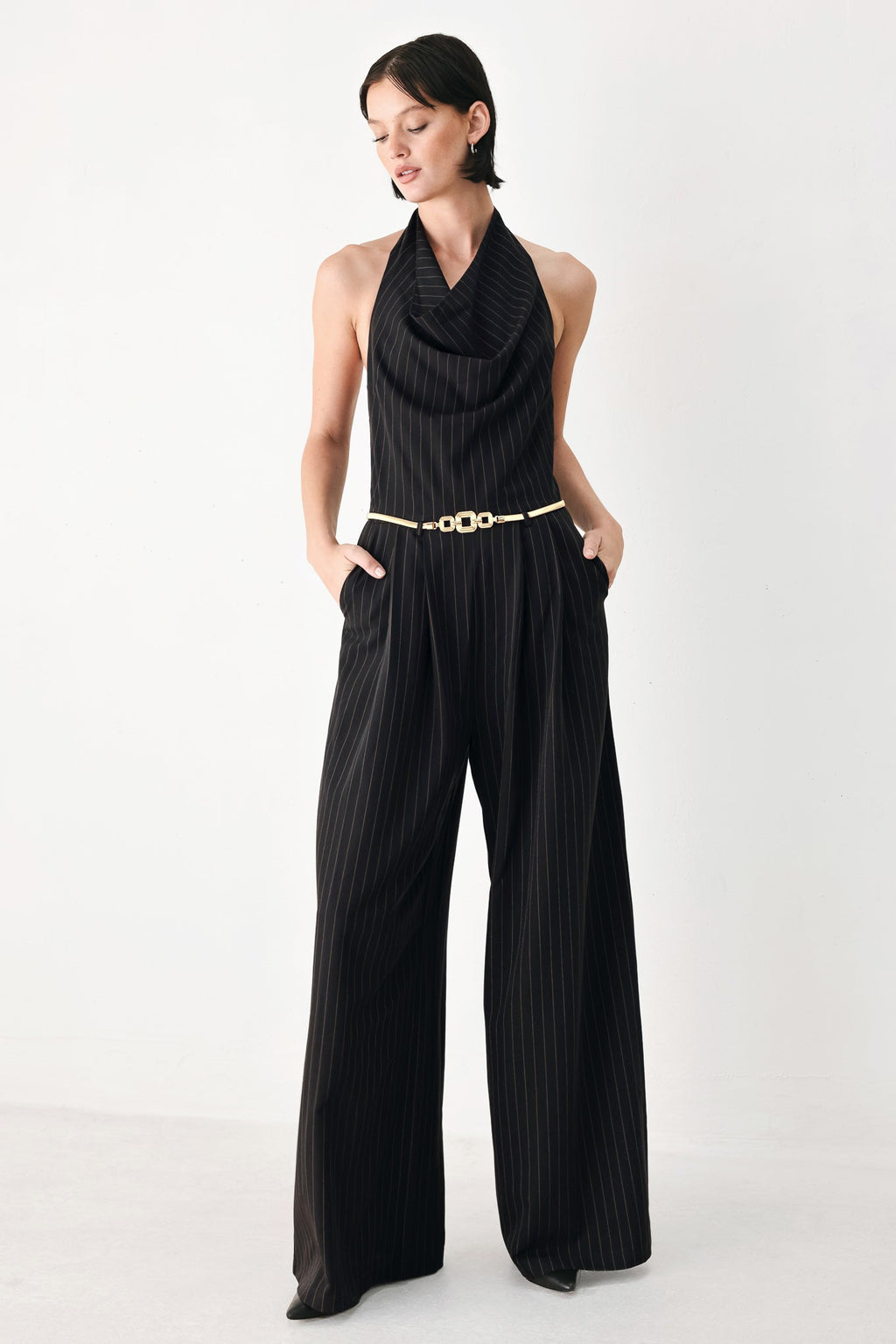 MIDNIGHT POISE BLACK HALTER BELTED WIDE-LEG JUMPSUIT