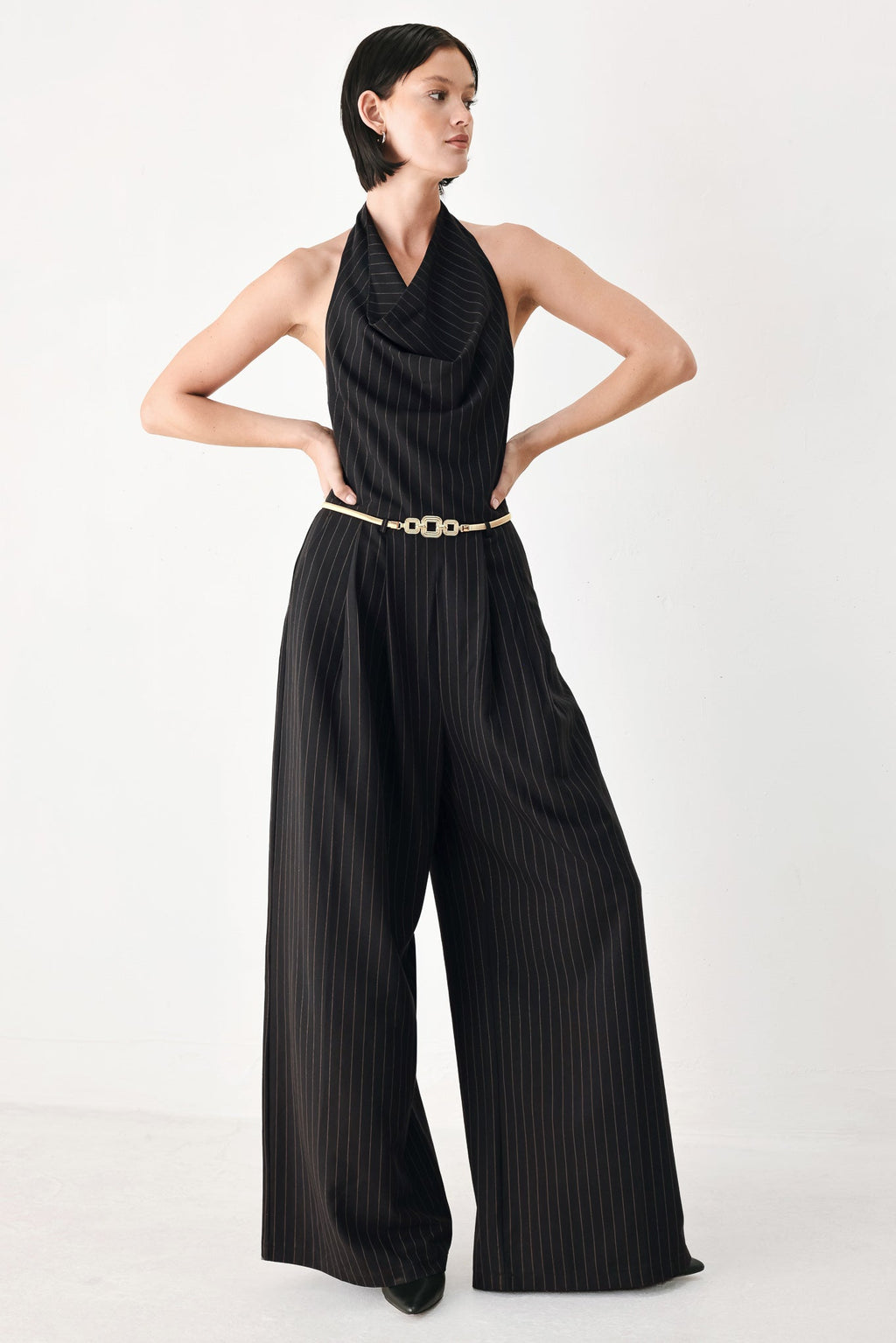 MIDNIGHT POISE BLACK HALTER BELTED WIDE-LEG JUMPSUIT