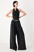 MIDNIGHT POISE BLACK HALTER BELTED WIDE-LEG JUMPSUIT