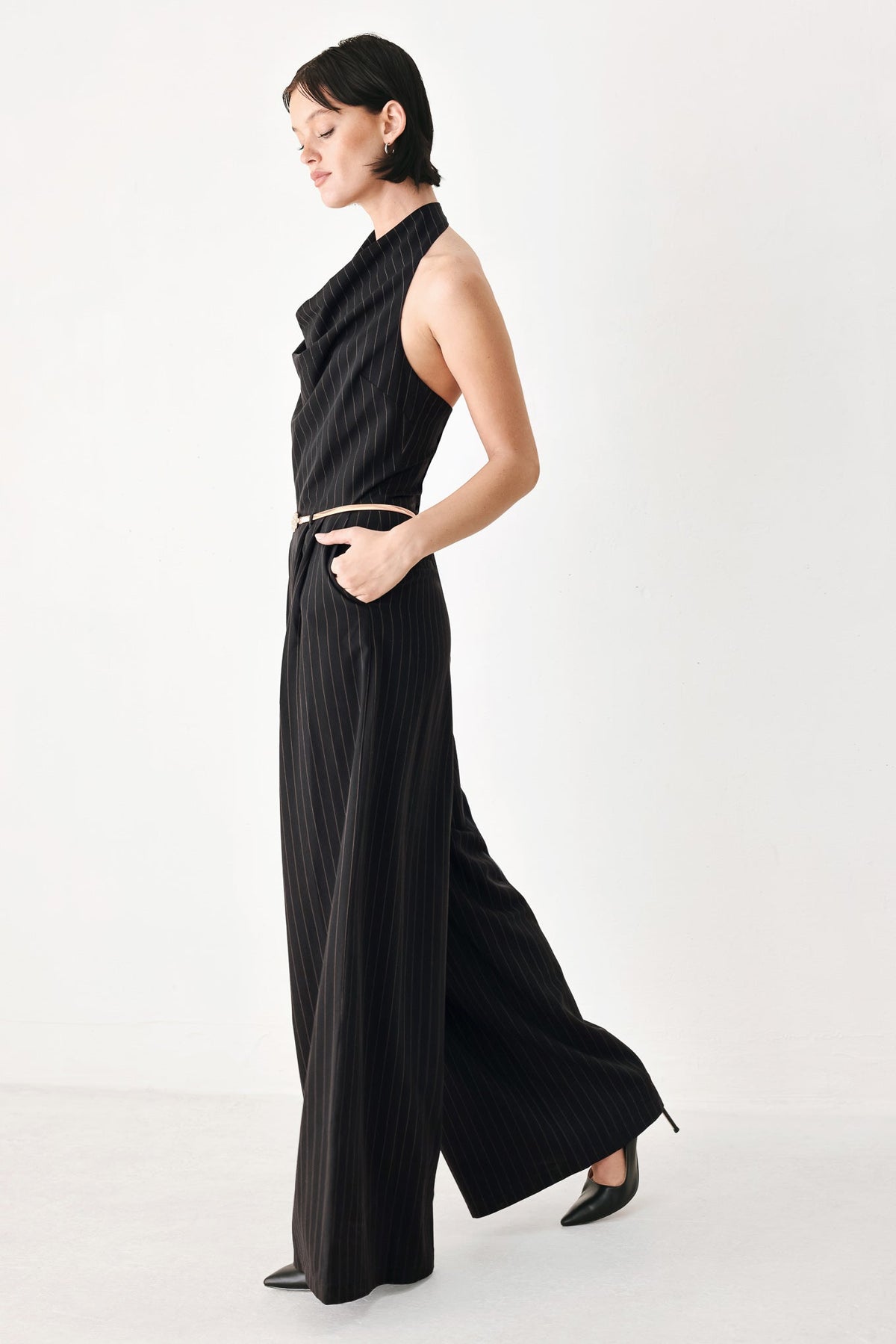 MIDNIGHT POISE BLACK HALTER BELTED WIDE-LEG JUMPSUIT