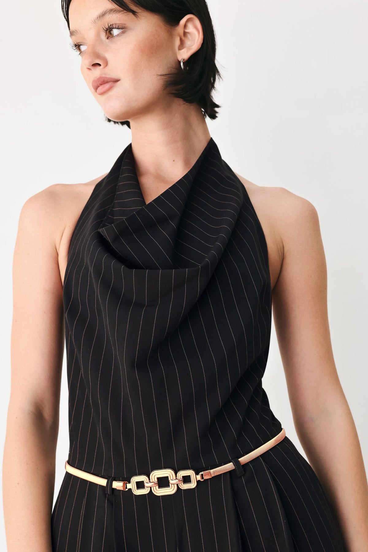 MIDNIGHT POISE BLACK HALTER BELTED WIDE-LEG JUMPSUIT