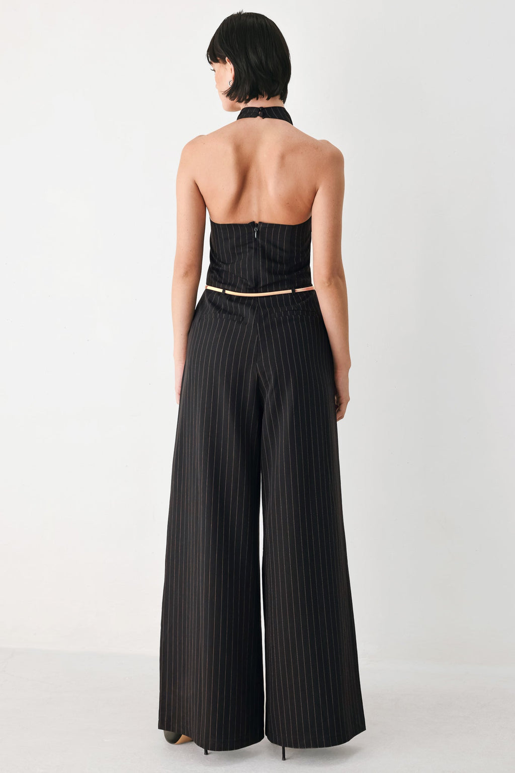 MIDNIGHT POISE BLACK HALTER BELTED WIDE-LEG JUMPSUIT