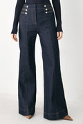 INDIGO IMPRESSION BUTTON DETAIL FLARE JEANS